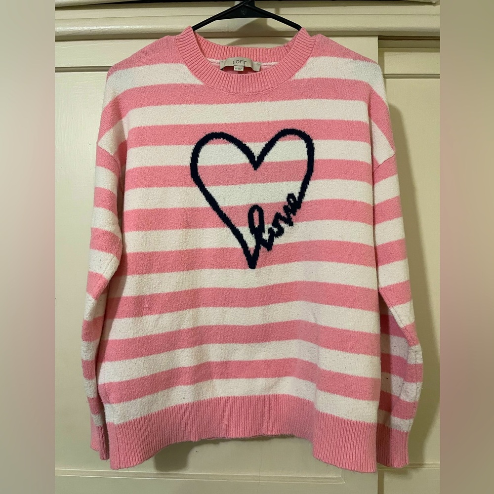 LOFT Pink and White Striped Sweater with Heart Motif